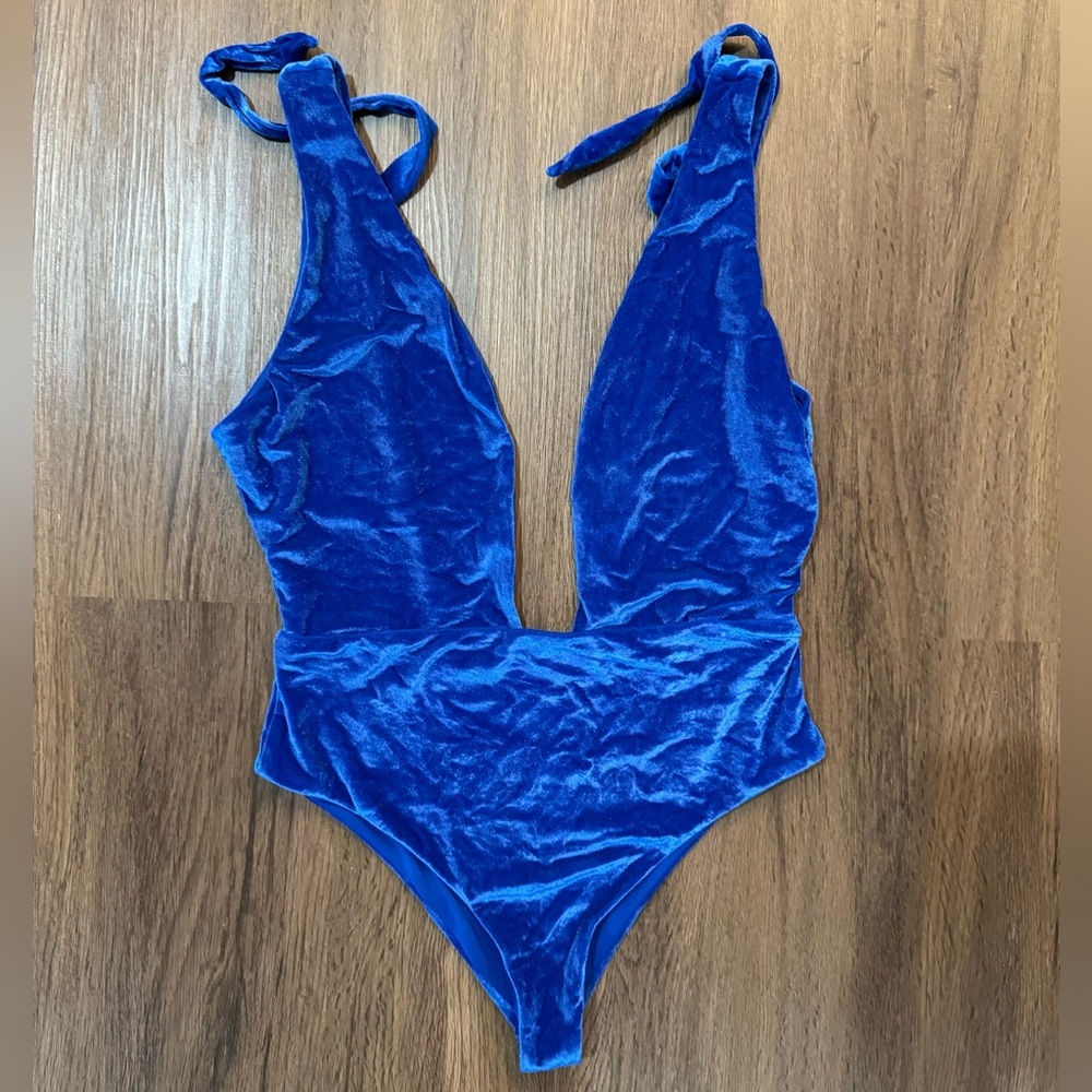 Lovers + Friends royal blue velour deep plunge one piece